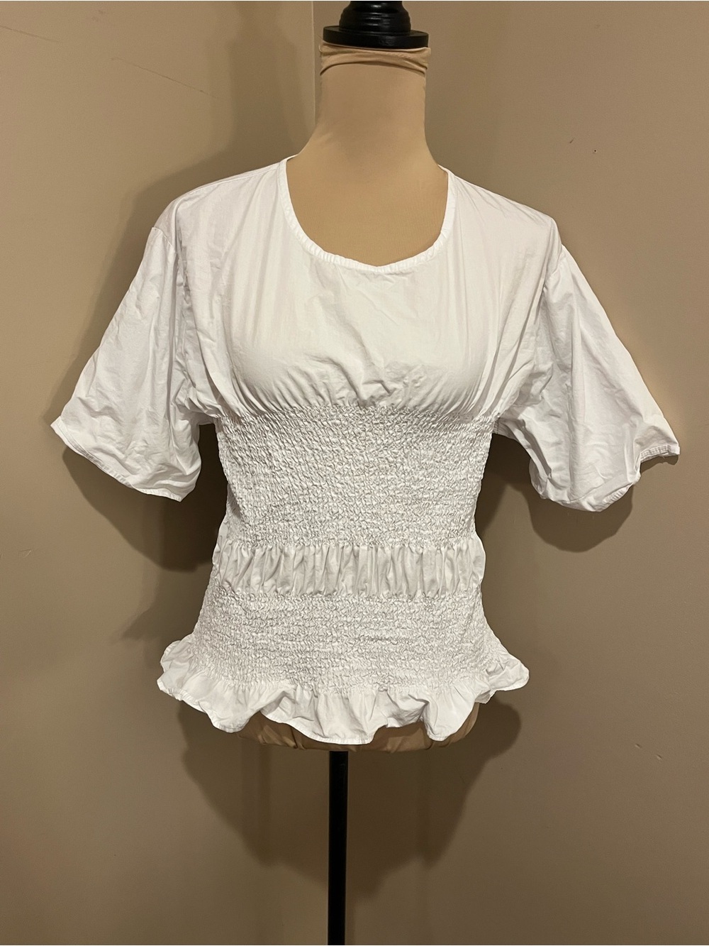 Asos White Smocked Peplum Short Sleeve Top, size 14